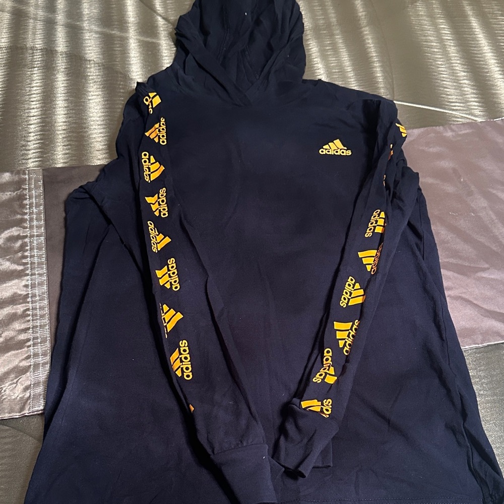 adidas Navy Hoodie with Yellow Logo Tape on Sleeves